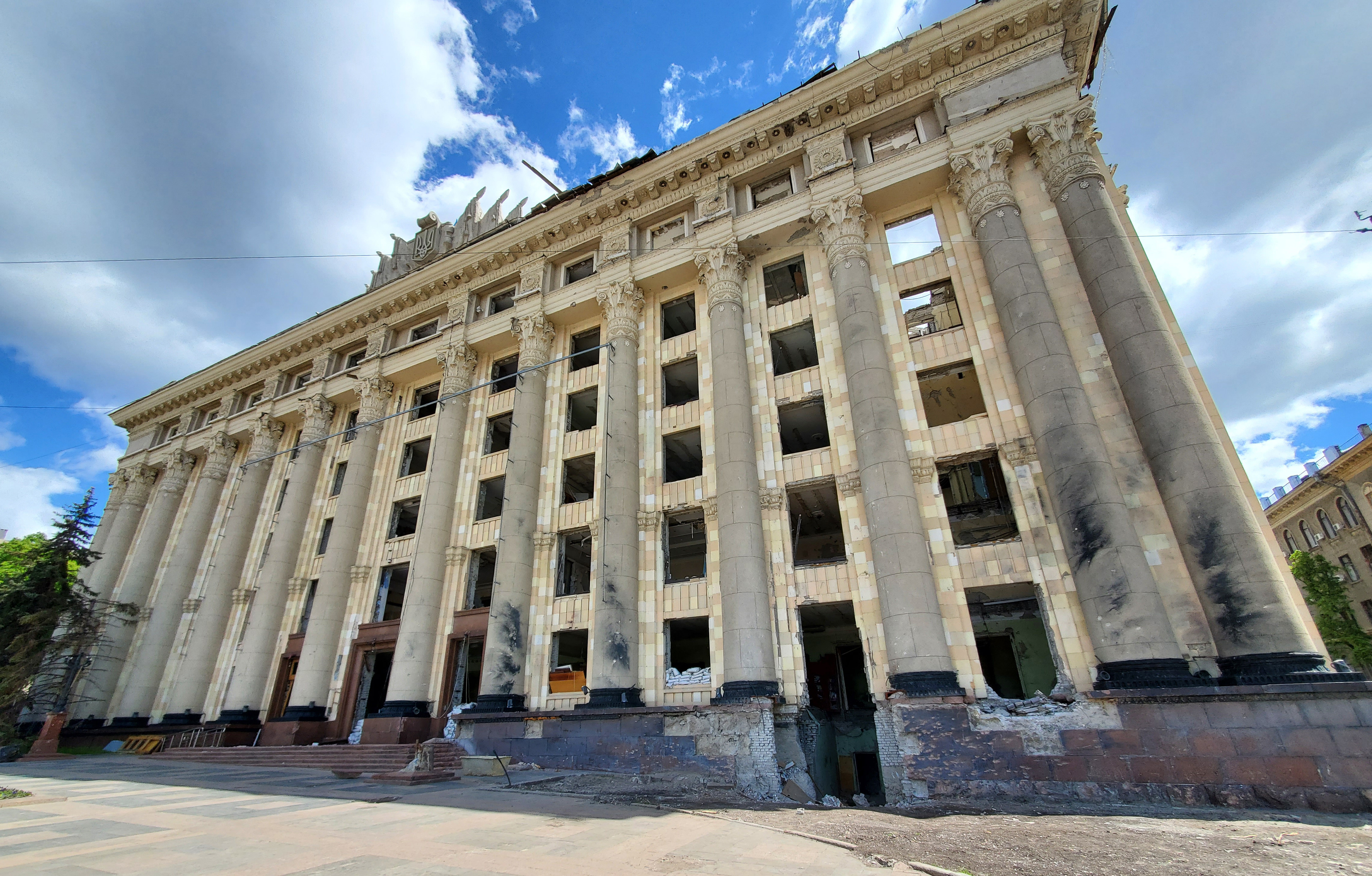 The exterior of a bombed administration building in Kharkiv