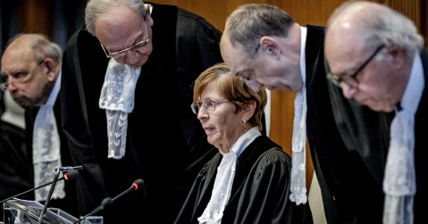 President Donoghue (2nd L) and other judges during a ruling by the International Court of Justice (ICJ) in The Hague, The Netherlands, on a request by South Africa for emergency measures for Gaza, 26 January 2024.  EPA-EFE/Remko de Waal