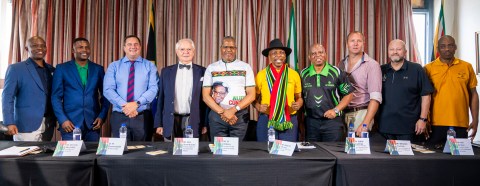 (l-r) Modiri Desmond Sehume, president of United Christian Democratic Party, Prince Nkwana, president of the Unemployed National Party, John Steenhuisen, federal leader of the Democratic Party, Prof Jannie Rossouw, Velenkosini Hlabisa, president of the Inkatha Freedom Party, Zukile Luyenge, president of ISANCO (Indepenent South African National Civic Organisation), Herman Mashaba, president of ActionSA, Winston Coetzee, deputy president of Spectrum National Party, Neil de Beer, president of the United Independent Movement and Mahlubi Madela, president of Ekhethu Peoples Party at the Multi Party Charter for South Africa press conference to set out how a Charter government will grow the economy and create jobs at the Royal Natal Yacht Club on January 24, 2024 in Durban, South Africa. The Charter's approach to generating  inclusive economic growth and tackling unemployment represents a distinct departure from the status quo.  (Photo by Gallo Images/Darren Stewart)