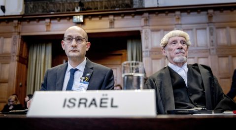 Gilad Noam, Deputy Attorney-General for International Affairs, and lawyer Malcolm Shaw during a ruling by the International Court of Justice (ICJ) in The Hague, The Netherlands, on a request by South Africa for emergency measures for Gaza, 26 January 2024